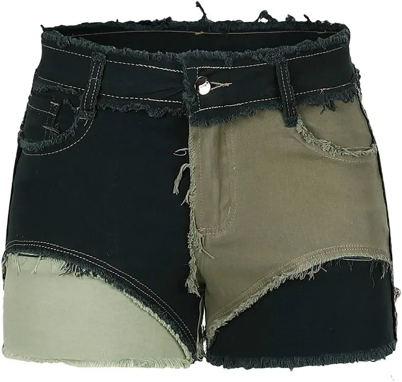 THUNDER STAR Womens Mid Rise Stretchy Patchwork Jeans Shorts Raw Frayed Hem Casual Denim Shorts