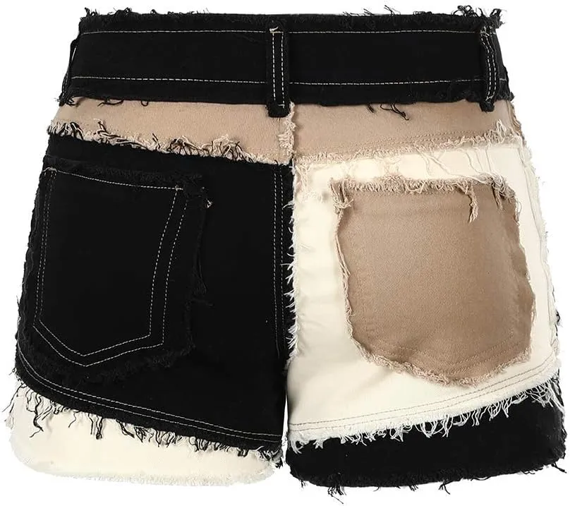 THUNDER STAR Womens Mid Rise Stretchy Patchwork Jeans Shorts Raw Frayed Hem Casual Denim Shorts