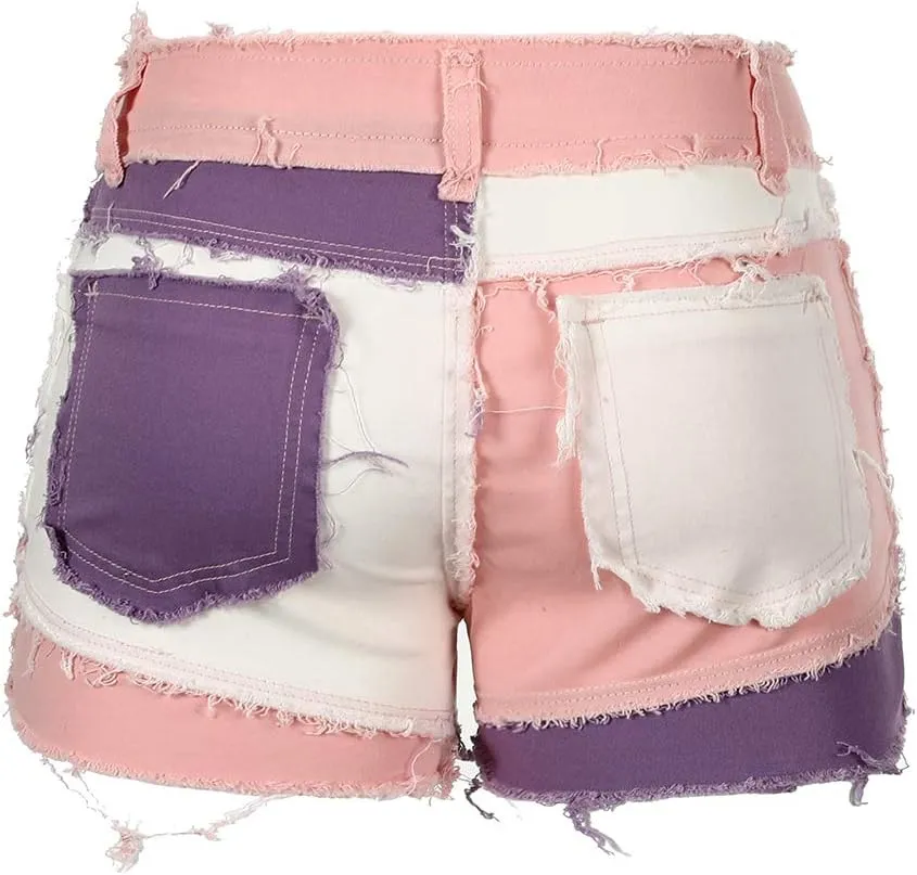 THUNDER STAR Womens Mid Rise Stretchy Patchwork Jeans Shorts Raw Frayed Hem Casual Denim Shorts
