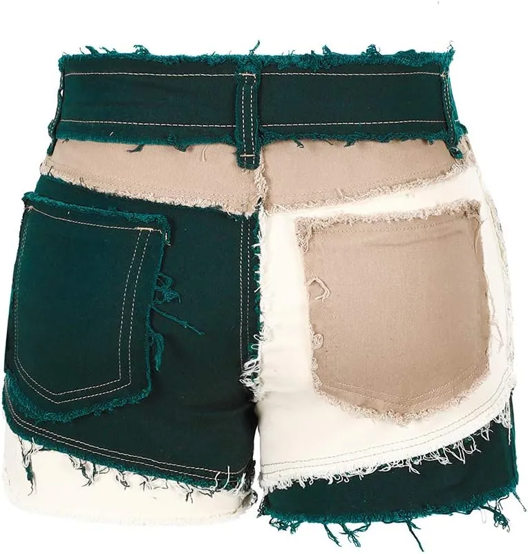 THUNDER STAR Womens Mid Rise Stretchy Patchwork Jeans Shorts Raw Frayed Hem Casual Denim Shorts