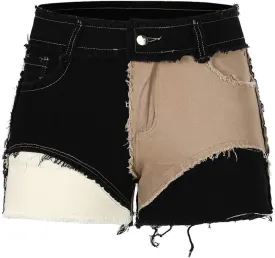 THUNDER STAR Womens Mid Rise Stretchy Patchwork Jeans Shorts Raw Frayed Hem Casual Denim Shorts