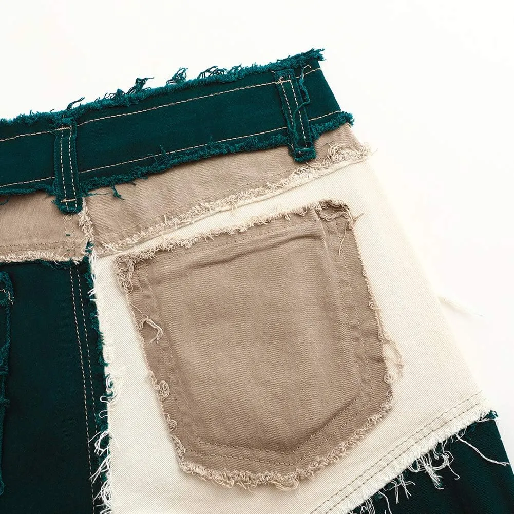 THUNDER STAR Womens Mid Rise Stretchy Patchwork Jeans Shorts Raw Frayed Hem Casual Denim Shorts