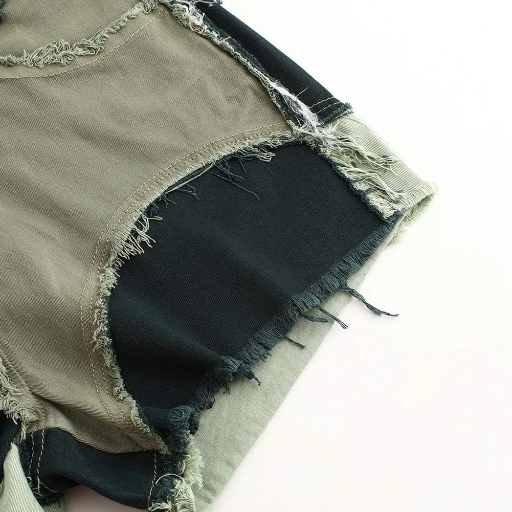 THUNDER STAR Womens Mid Rise Stretchy Patchwork Jeans Shorts Raw Frayed Hem Casual Denim Shorts