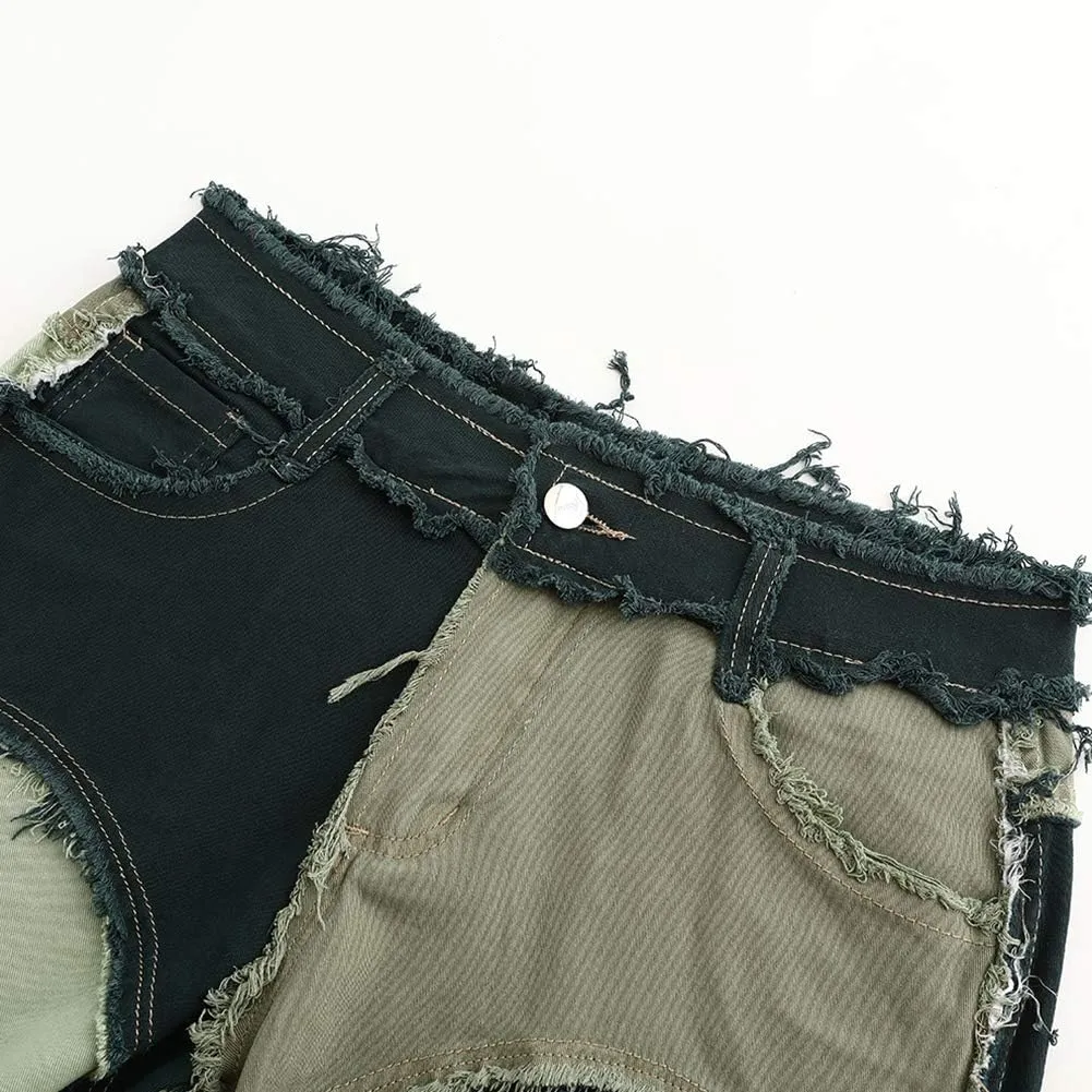 THUNDER STAR Womens Mid Rise Stretchy Patchwork Jeans Shorts Raw Frayed Hem Casual Denim Shorts