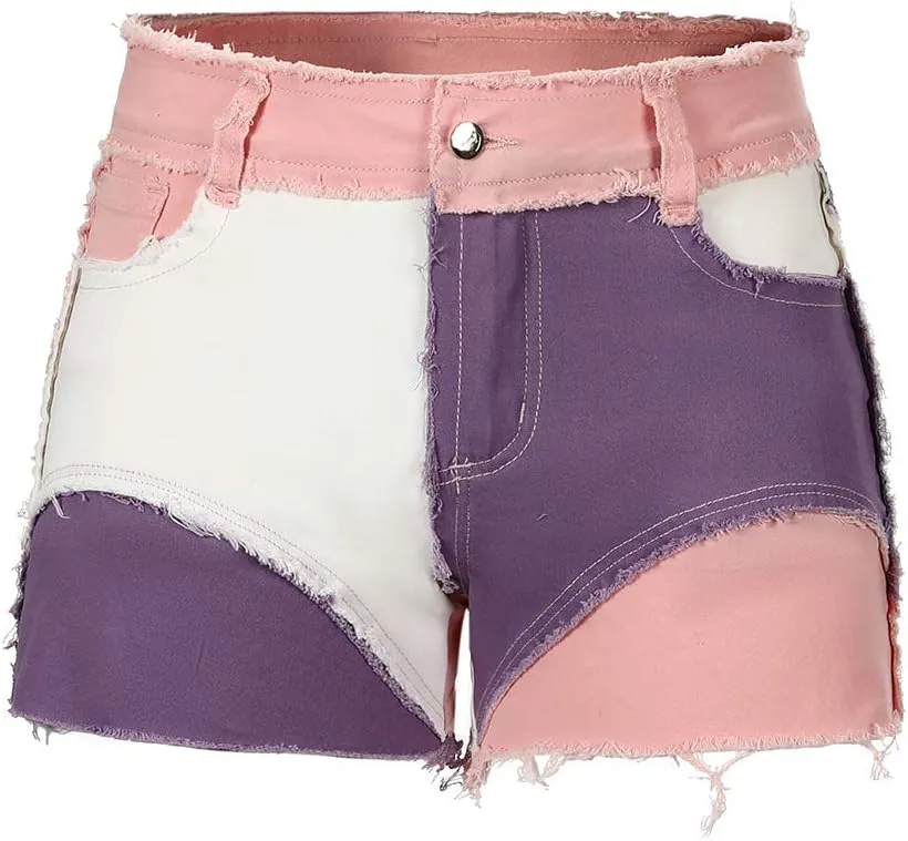 THUNDER STAR Womens Mid Rise Stretchy Patchwork Jeans Shorts Raw Frayed Hem Casual Denim Shorts