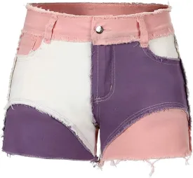 THUNDER STAR Womens Mid Rise Stretchy Patchwork Jeans Shorts Raw Frayed Hem Casual Denim Shorts