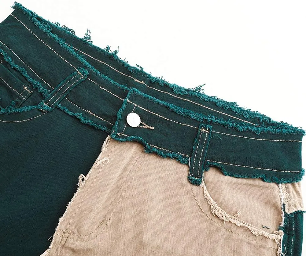 THUNDER STAR Womens Mid Rise Stretchy Patchwork Jeans Shorts Raw Frayed Hem Casual Denim Shorts