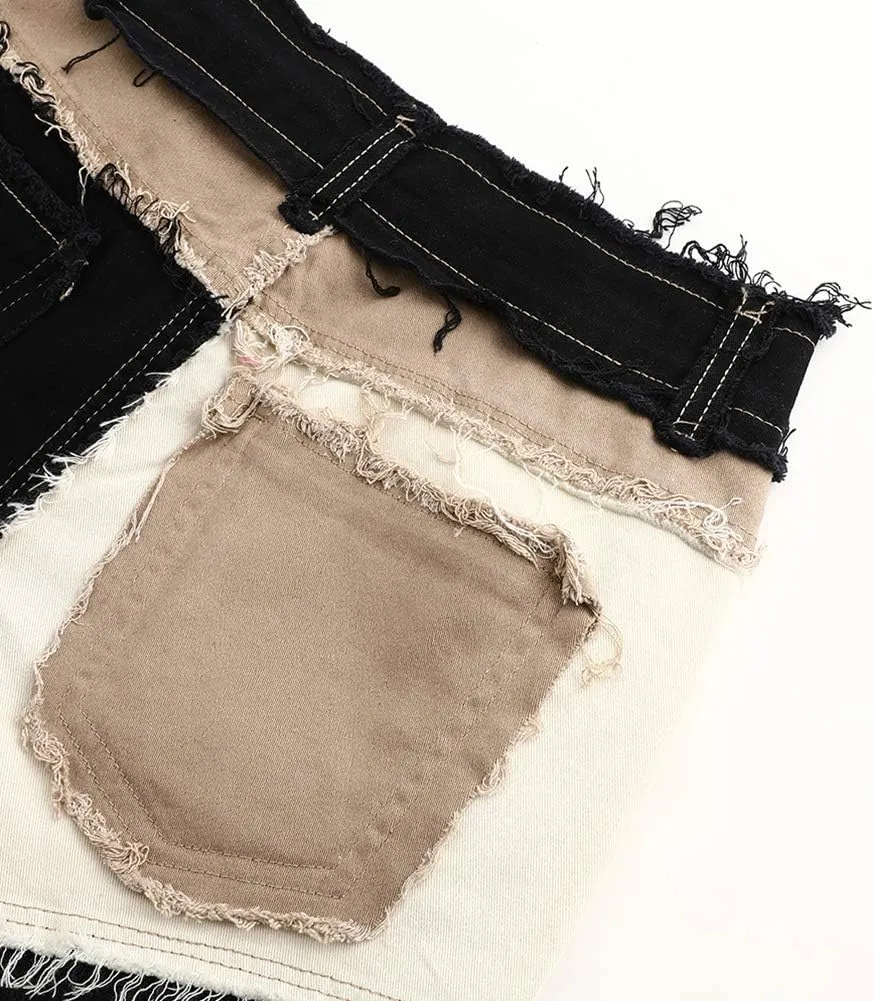 THUNDER STAR Womens Mid Rise Stretchy Patchwork Jeans Shorts Raw Frayed Hem Casual Denim Shorts
