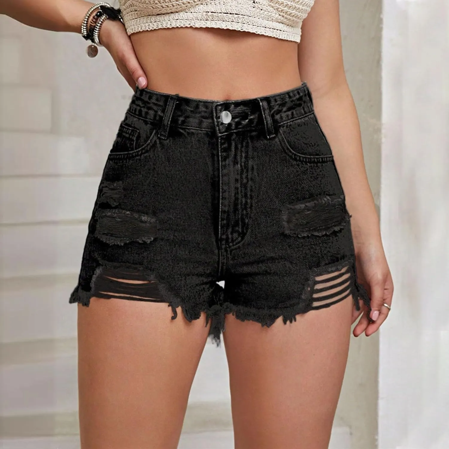 Women Denim Shorts Stretchy Mid High Waisted Summer Beach Plus Size Casual Trendy Ripped Loose Fit Hot Short Jeans