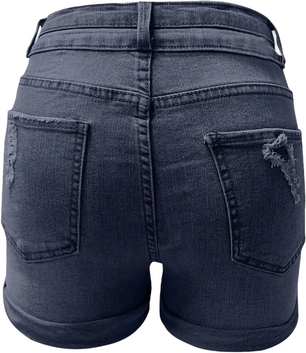 Women Denim Shorts Stretchy Mid High Waisted Summer Beach Plus Size Casual Trendy Ripped Loose Fit Hot Short Jeans