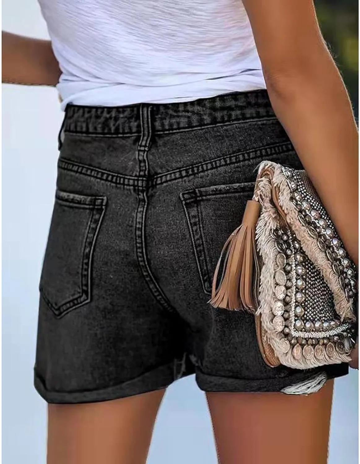 Women Denim Shorts Stretchy Mid High Waisted Summer Beach Plus Size Casual Trendy Ripped Loose Fit Hot Short Jeans