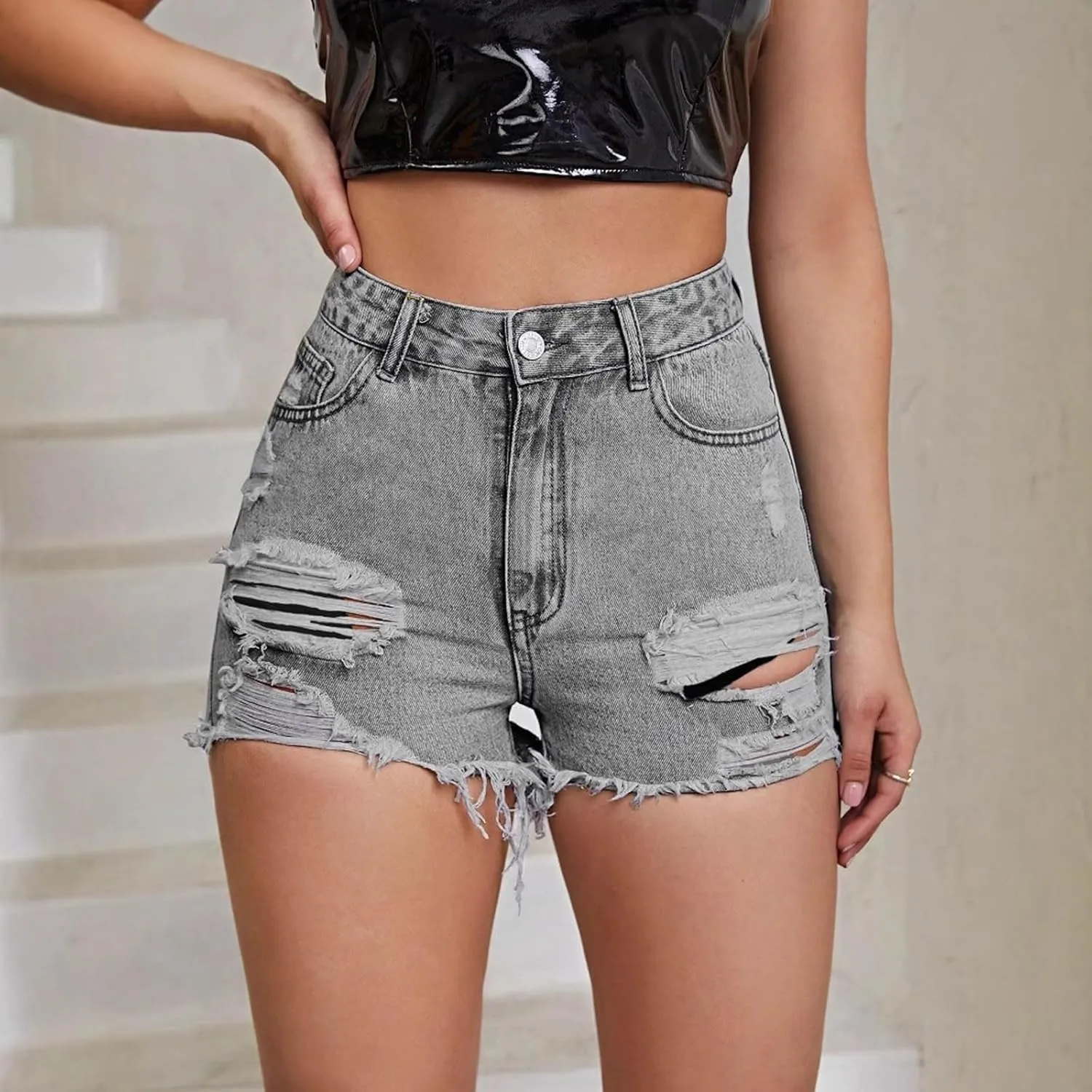 Women Denim Shorts Stretchy Mid High Waisted Summer Beach Plus Size Casual Trendy Ripped Loose Fit Hot Short Jeans