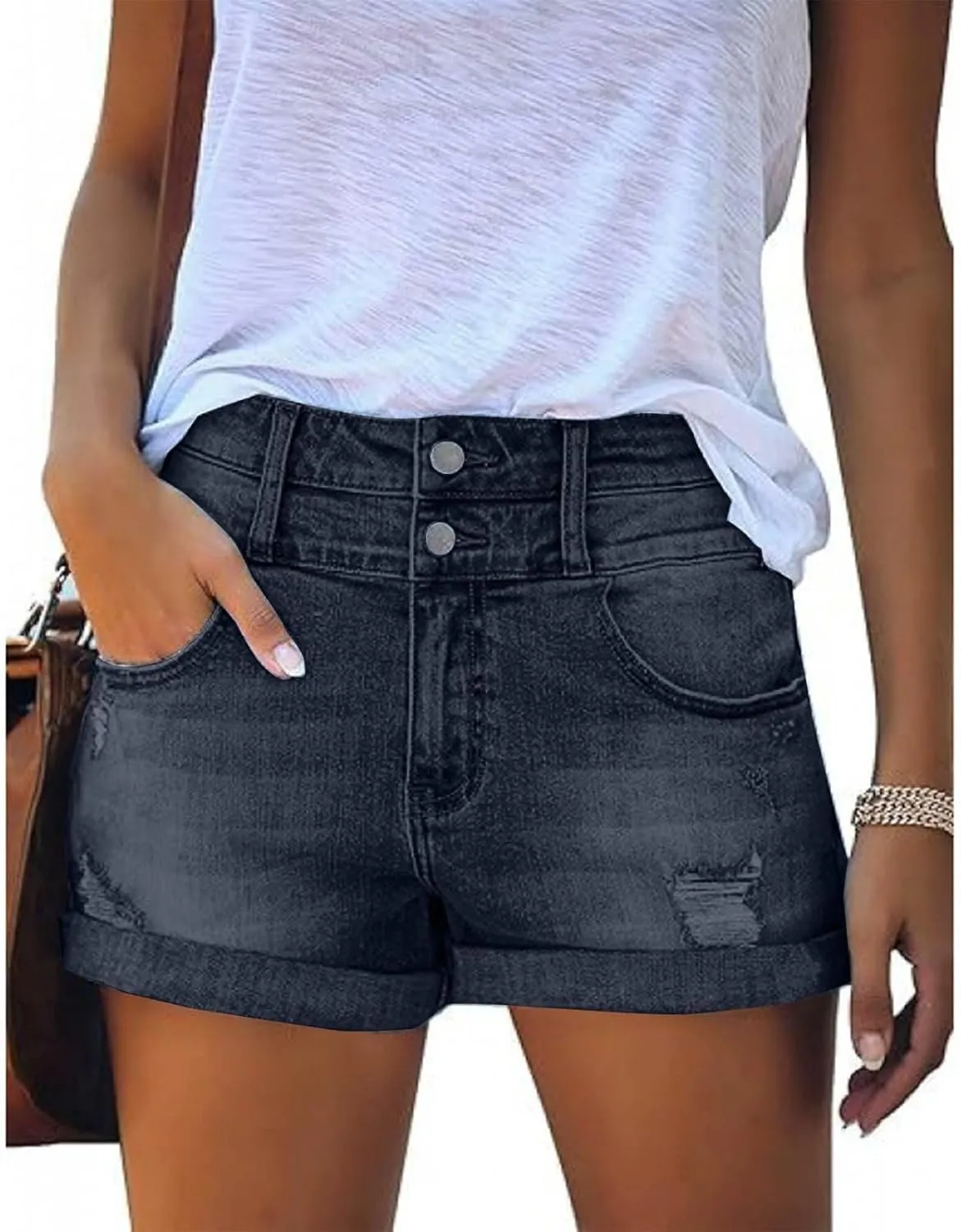 Women Denim Shorts Stretchy Mid High Waisted Summer Beach Plus Size Casual Trendy Ripped Loose Fit Hot Short Jeans