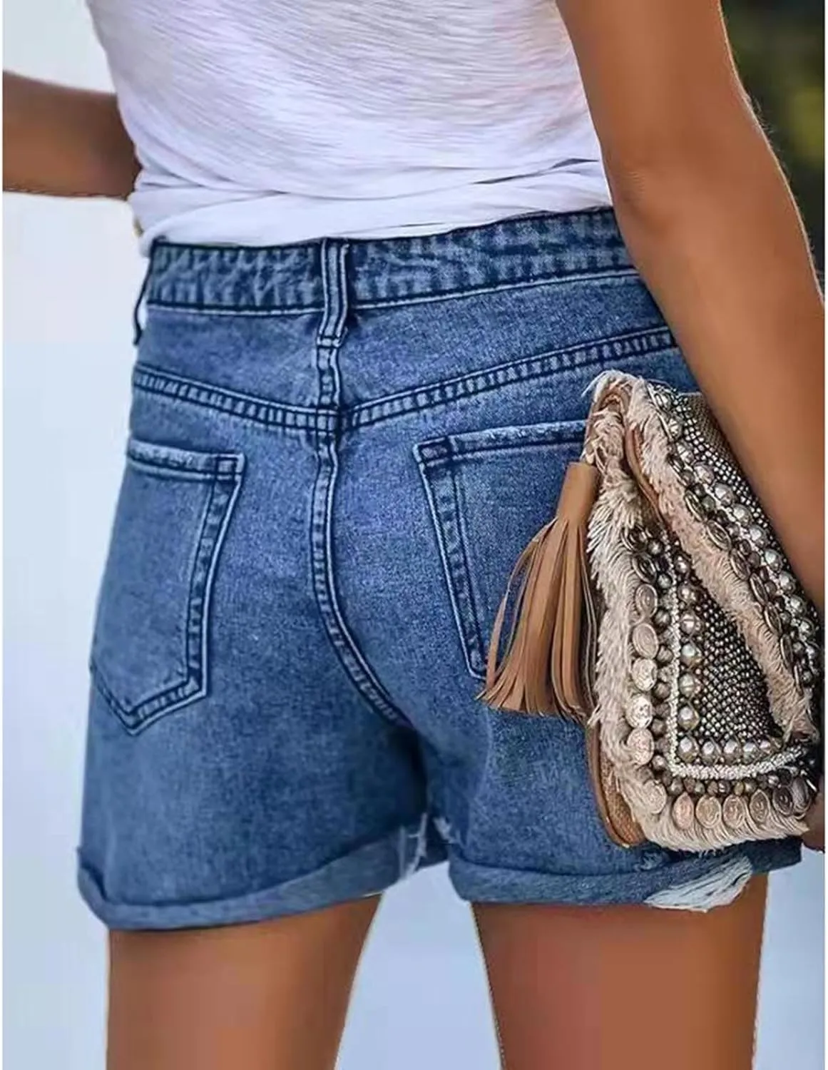 Women Denim Shorts Stretchy Mid High Waisted Summer Beach Plus Size Casual Trendy Ripped Loose Fit Hot Short Jeans