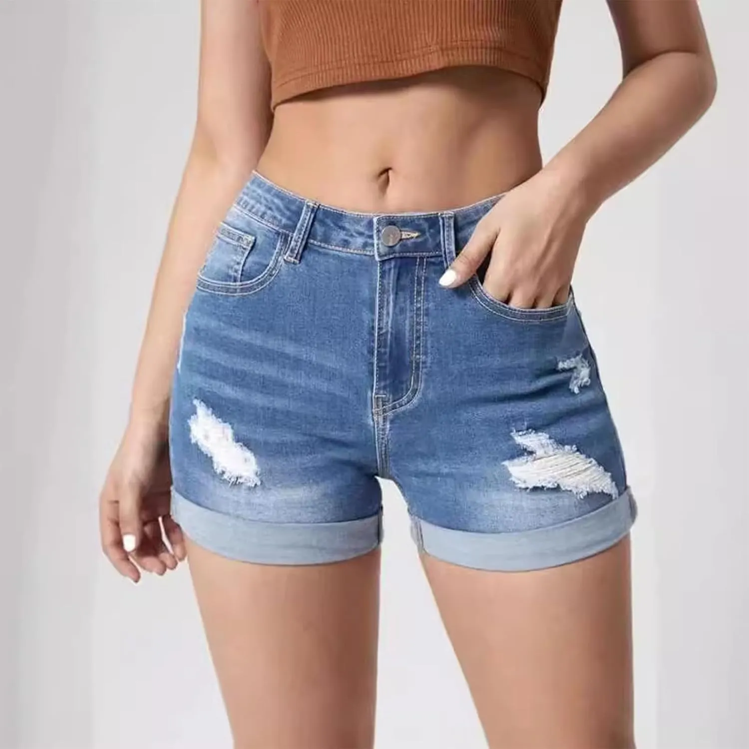 Women Denim Shorts Stretchy Mid High Waisted Summer Beach Plus Size Casual Trendy Ripped Loose Fit Hot Short Jeans