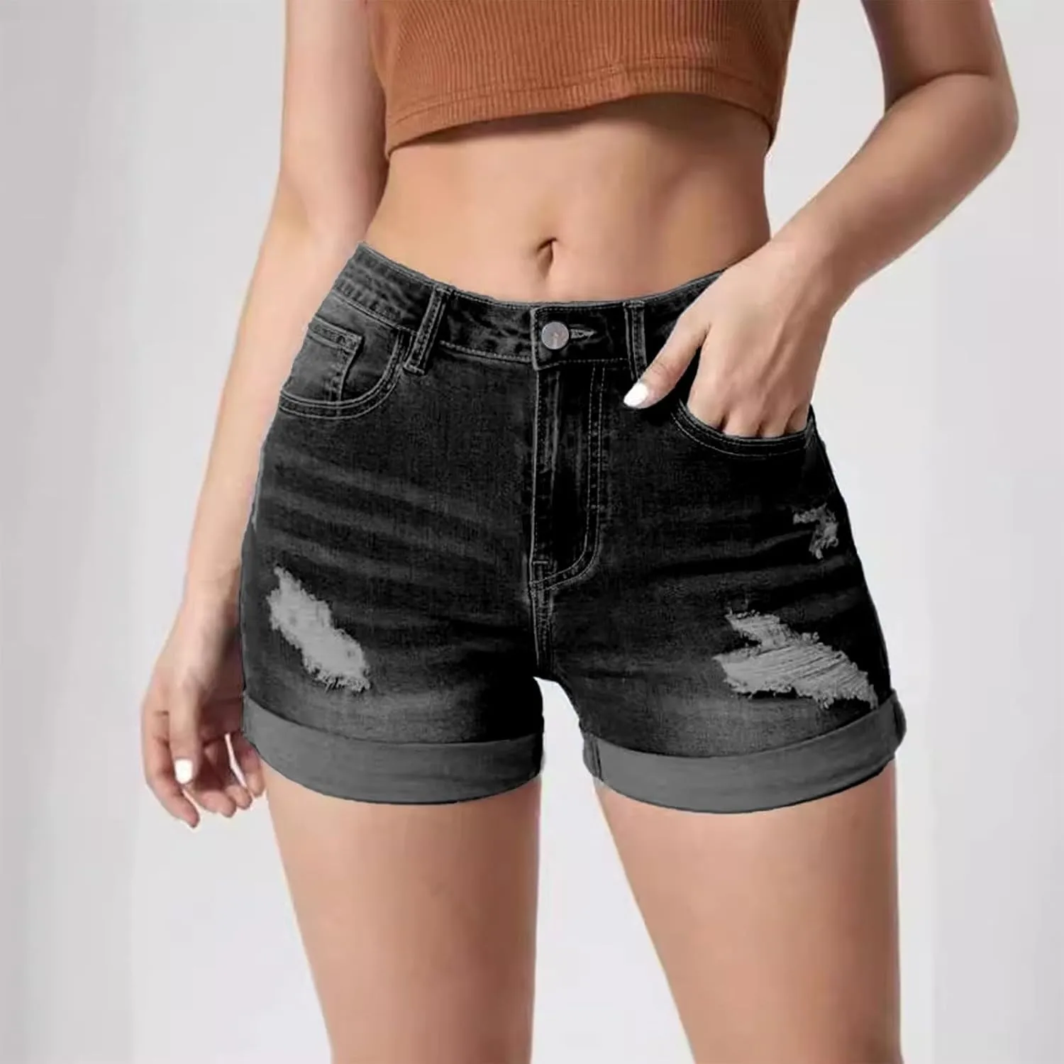 Women Denim Shorts Stretchy Mid High Waisted Summer Beach Plus Size Casual Trendy Ripped Loose Fit Hot Short Jeans