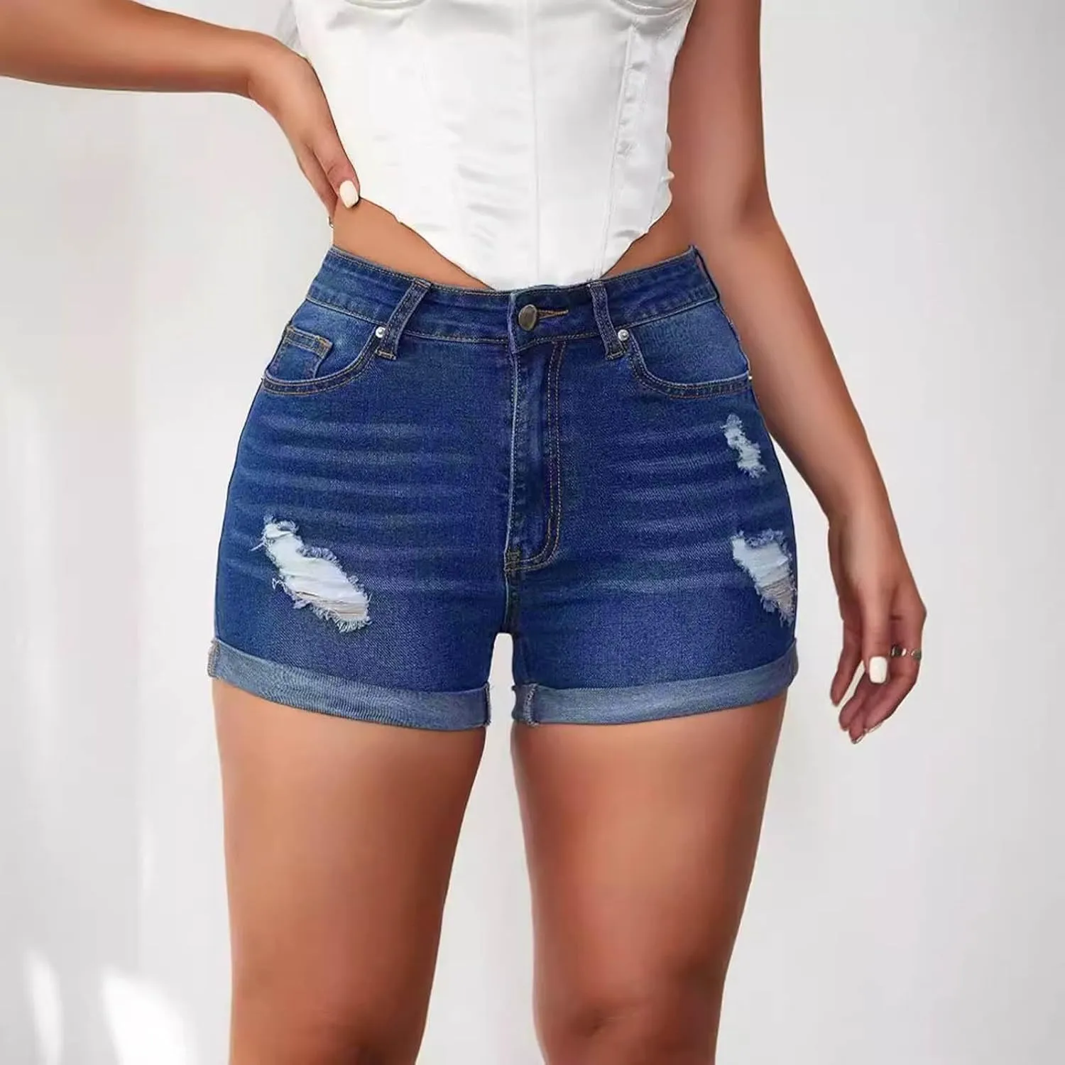 Women Denim Shorts Stretchy Mid High Waisted Summer Beach Plus Size Casual Trendy Ripped Loose Fit Hot Short Jeans