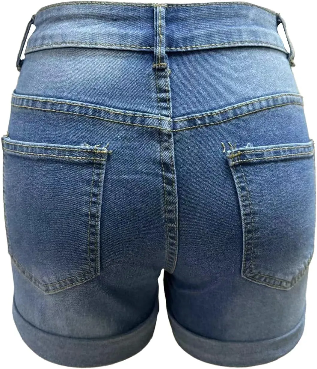 Women Denim Shorts Stretchy Mid High Waisted Summer Beach Plus Size Casual Trendy Ripped Loose Fit Hot Short Jeans