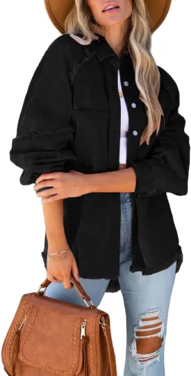 Women Long Sleeve Denim Jacket Oversized Lapel Button Up Shacket Casual Boyfriend Western Trucker Jean Jackets