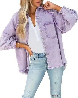 Women Long Sleeve Denim Jacket Oversized Lapel Button Up Shacket Casual Boyfriend Western Trucker Jean Jackets
