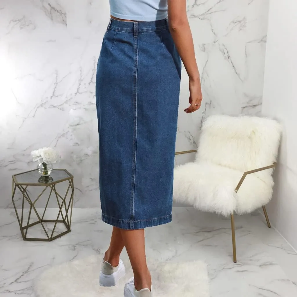 Women's Casual High Waist Stretch Denim Midi Jean Skirt with Slit Frayed Hem Blue Jean Skirt with Pockets