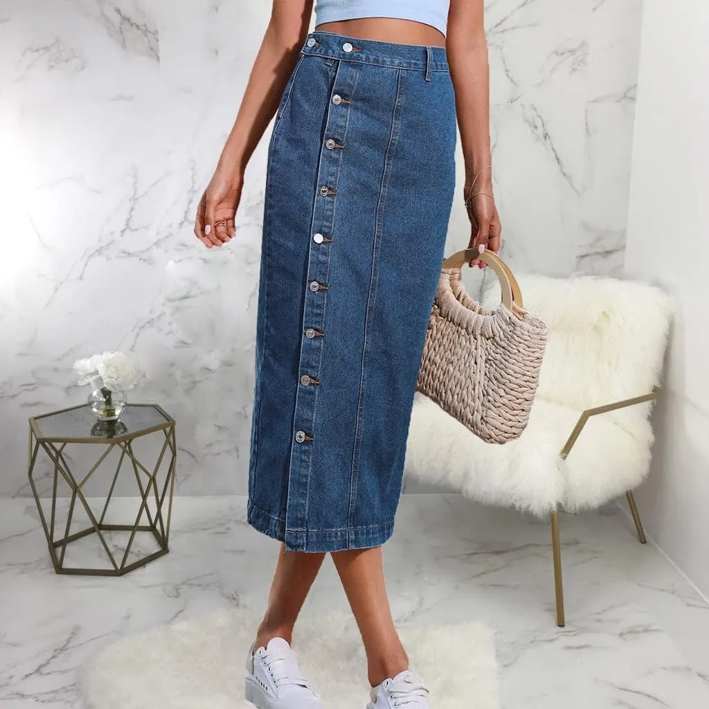 Women's Casual High Waist Stretch Denim Midi Jean Skirt with Slit Frayed Hem Blue Jean Skirt with Pockets