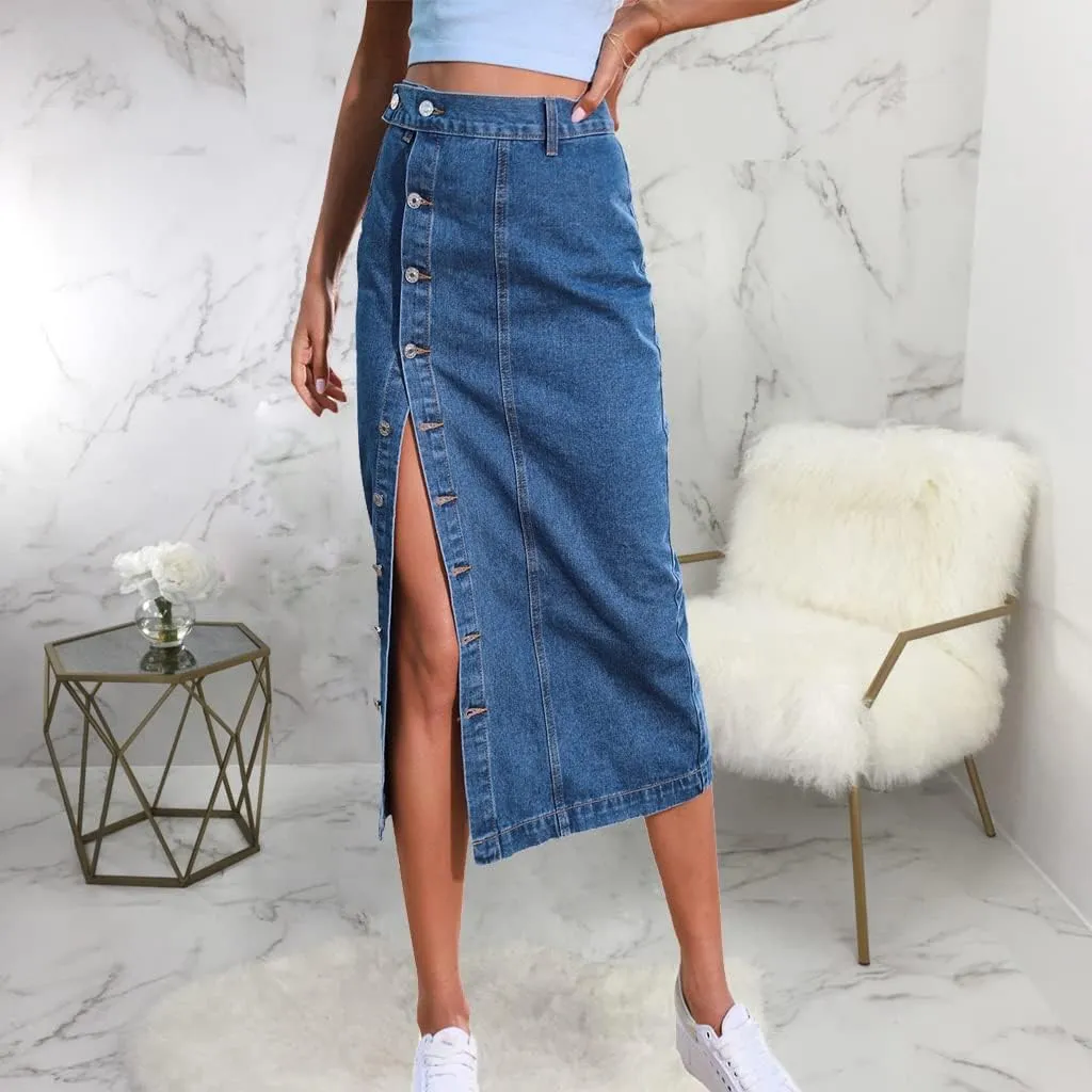 Women's Casual High Waist Stretch Denim Midi Jean Skirt with Slit Frayed Hem Blue Jean Skirt with Pockets