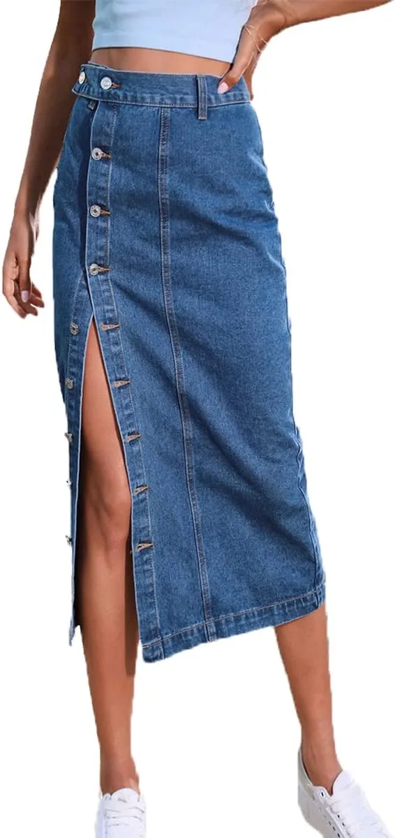 Women's Casual High Waist Stretch Denim Midi Jean Skirt with Slit Frayed Hem Blue Jean Skirt with Pockets