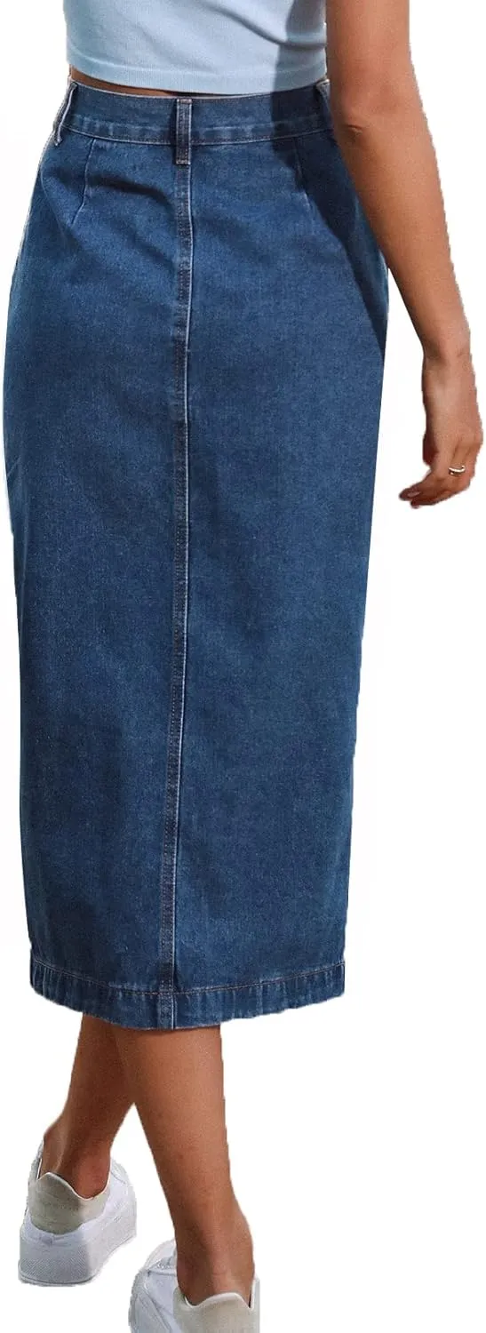 Women's Casual High Waist Stretch Denim Midi Jean Skirt with Slit Frayed Hem Blue Jean Skirt with Pockets