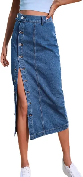 Women's Casual High Waist Stretch Denim Midi Jean Skirt with Slit Frayed Hem Blue Jean Skirt with Pockets