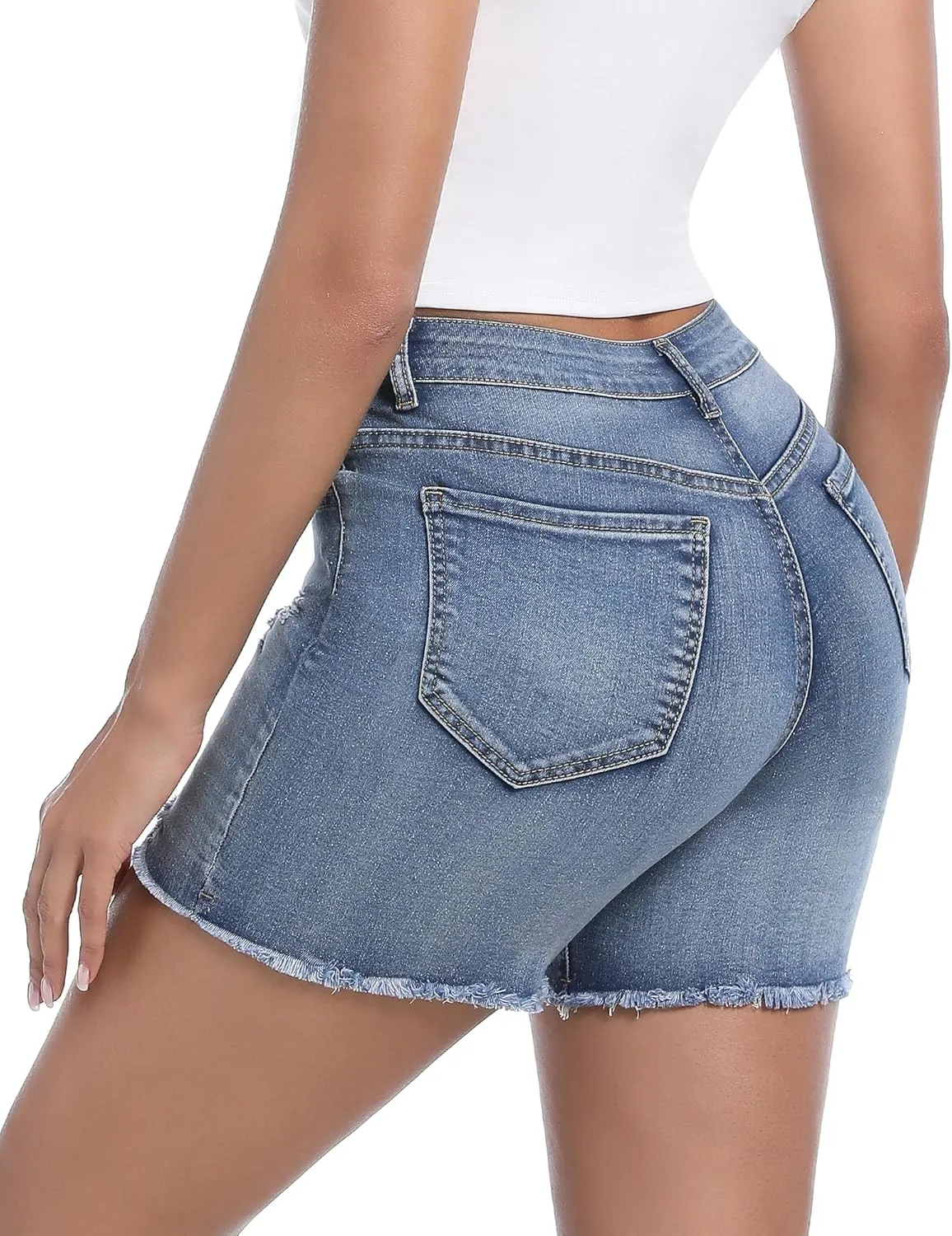 Womens Casual Summer Ripped High Waisted Denim Shorts Stretch Distressed Frayed Raw Hem Jean Shorts