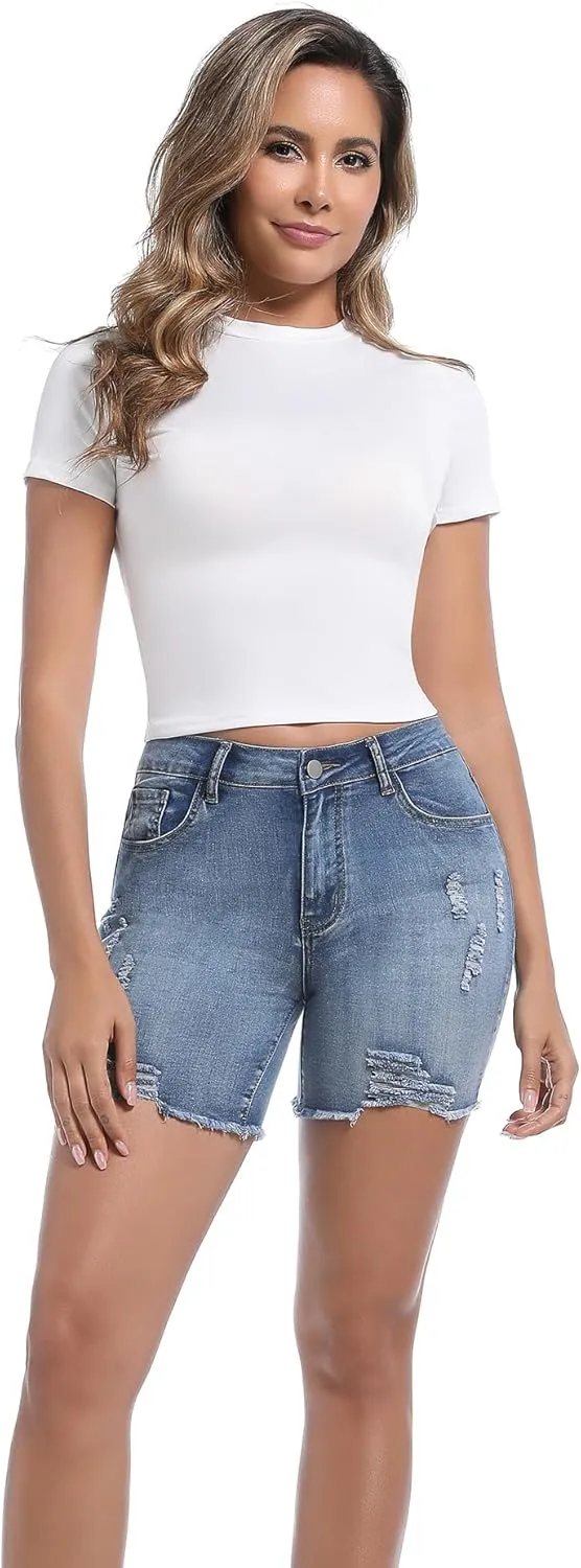 Womens Casual Summer Ripped High Waisted Denim Shorts Stretch Distressed Frayed Raw Hem Jean Shorts