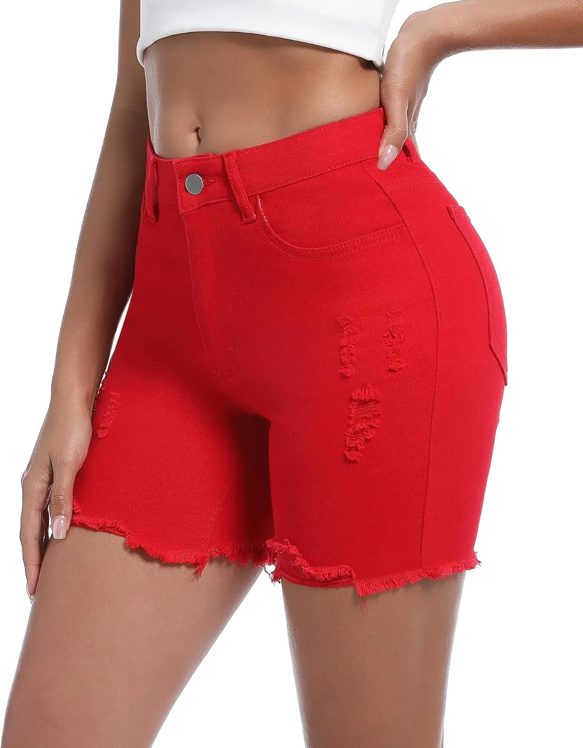 Womens Casual Summer Ripped High Waisted Denim Shorts Stretch Distressed Frayed Raw Hem Jean Shorts