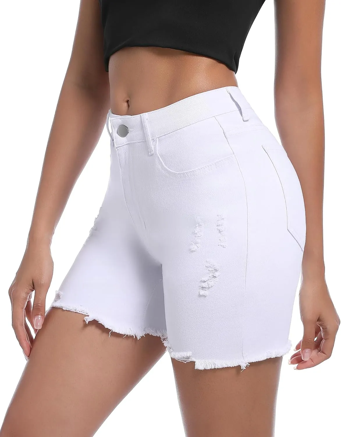 Womens Casual Summer Ripped High Waisted Denim Shorts Stretch Distressed Frayed Raw Hem Jean Shorts