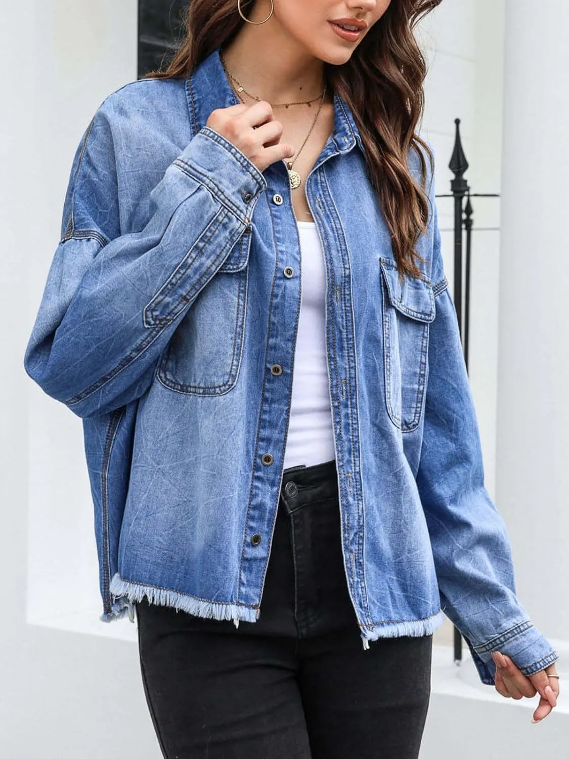 Womens Cropped Denim Jacket Long Sleeve Button Down Frayed Hem Denim Shirt Oversized Washed Boyfriend Jean Coat