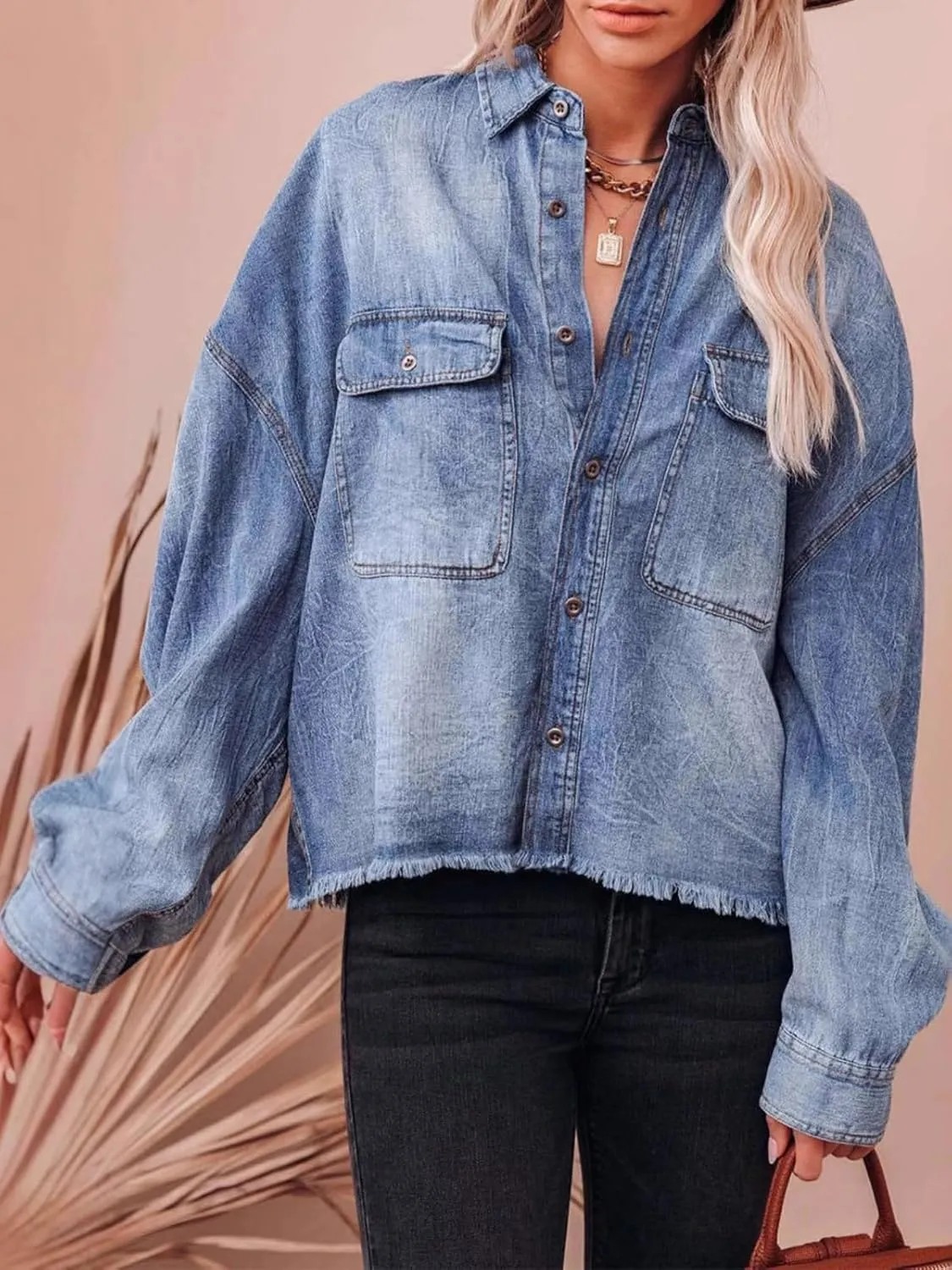 Womens Cropped Denim Jacket Long Sleeve Button Down Frayed Hem Denim Shirt Oversized Washed Boyfriend Jean Coat