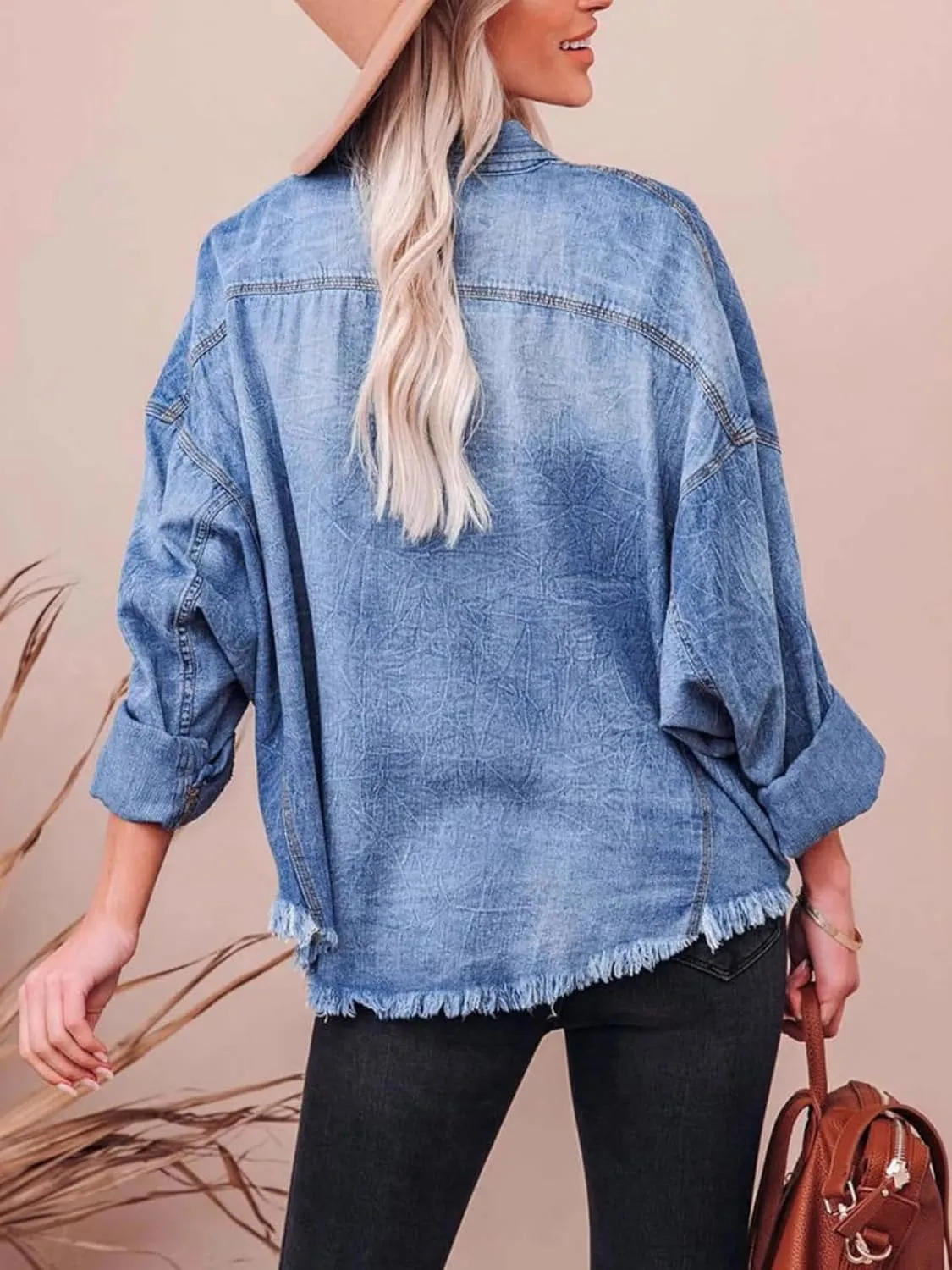 Womens Cropped Denim Jacket Long Sleeve Button Down Frayed Hem Denim Shirt Oversized Washed Boyfriend Jean Coat