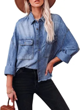 Womens Cropped Denim Jacket Long Sleeve Button Down Frayed Hem Denim Shirt Oversized Washed Boyfriend Jean Coat
