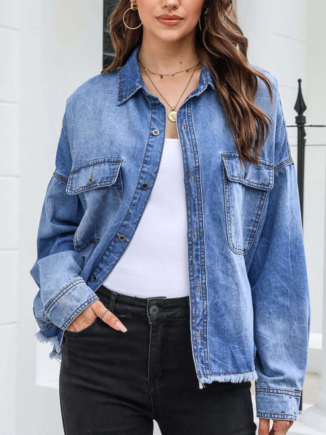 Womens Cropped Denim Jacket Long Sleeve Button Down Frayed Hem Denim Shirt Oversized Washed Boyfriend Jean Coat