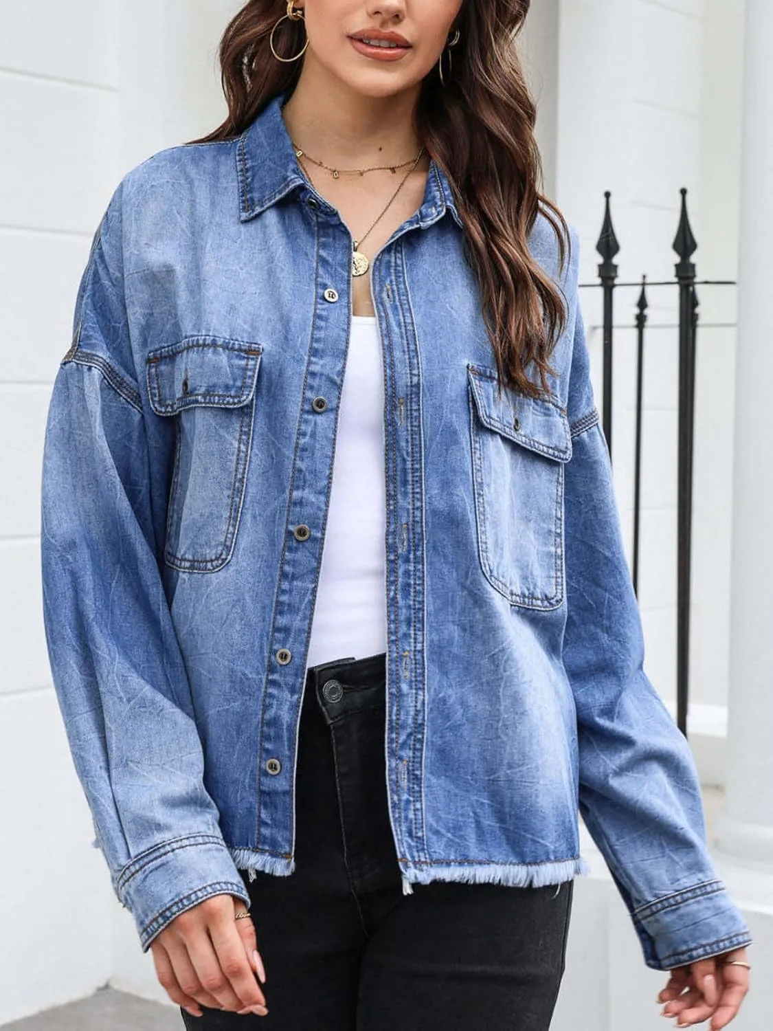 Womens Cropped Denim Jacket Long Sleeve Button Down Frayed Hem Denim Shirt Oversized Washed Boyfriend Jean Coat
