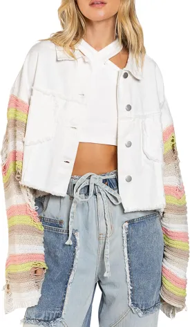 Womens Rainbow Sweater Sleeve Crop Denim Jacket Distressed Ripped Frayed Hem Patchwork Jean Jacket Coat