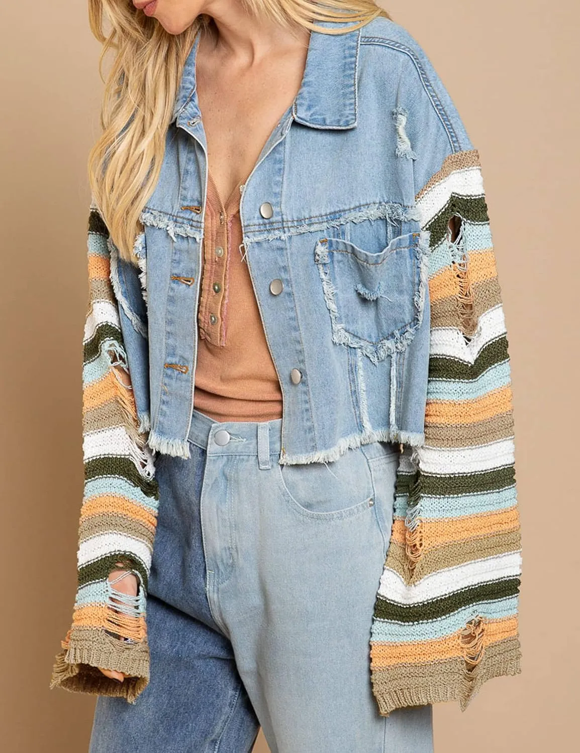 Womens Rainbow Sweater Sleeve Crop Denim Jacket Distressed Ripped Frayed Hem Patchwork Jean Jacket Coat