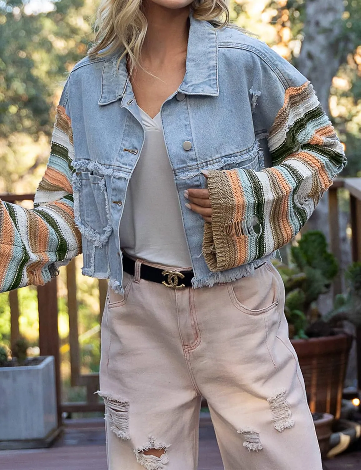 Womens Rainbow Sweater Sleeve Crop Denim Jacket Distressed Ripped Frayed Hem Patchwork Jean Jacket Coat