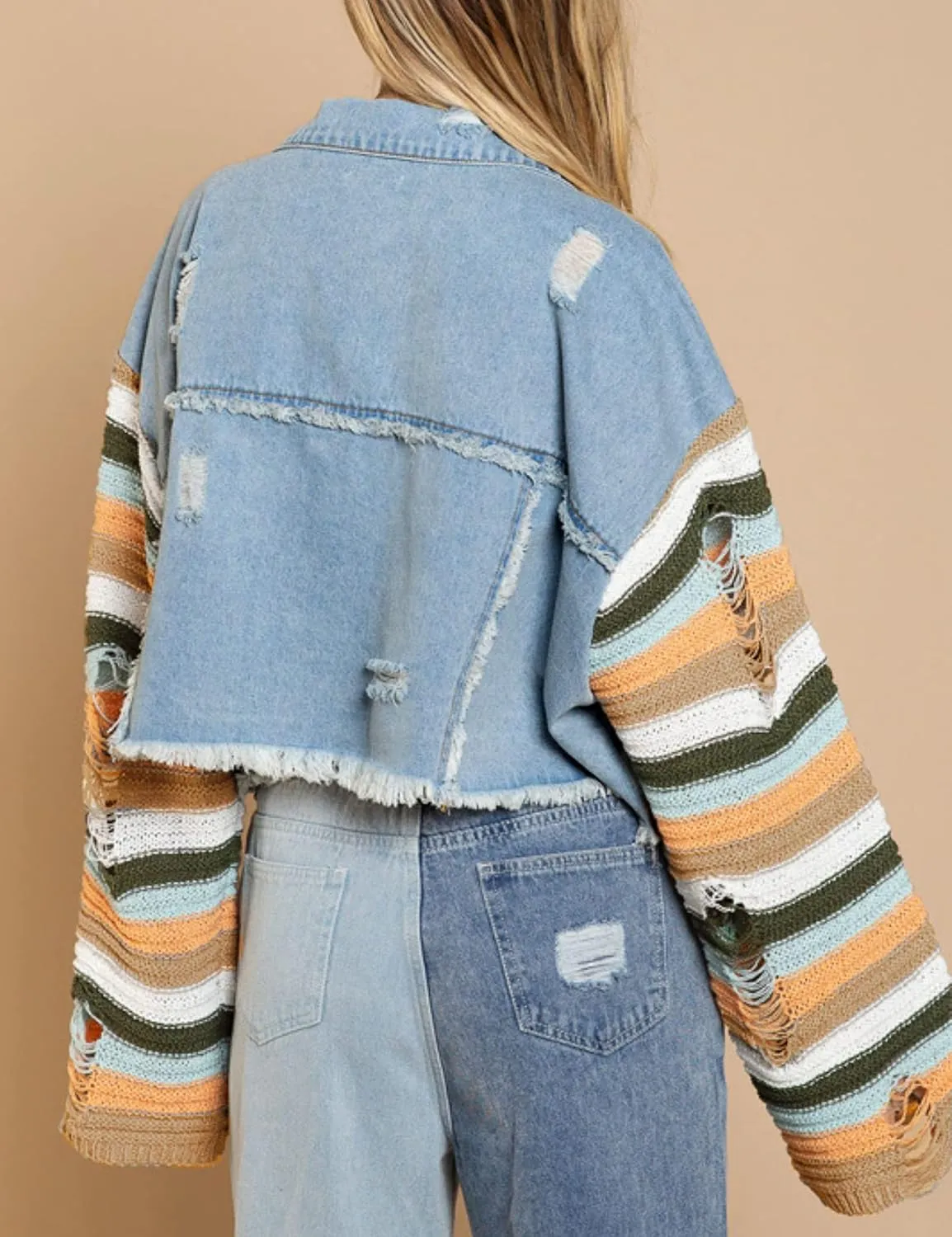 Womens Rainbow Sweater Sleeve Crop Denim Jacket Distressed Ripped Frayed Hem Patchwork Jean Jacket Coat
