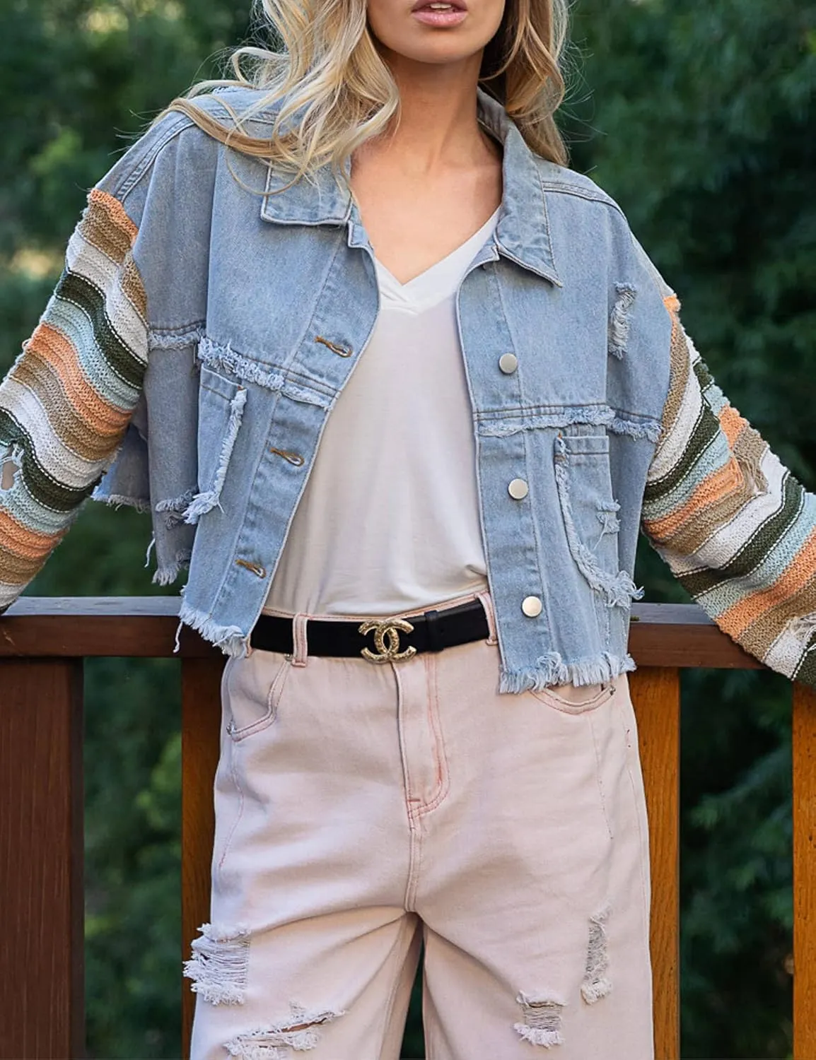 Womens Rainbow Sweater Sleeve Crop Denim Jacket Distressed Ripped Frayed Hem Patchwork Jean Jacket Coat