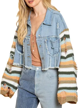 Womens Rainbow Sweater Sleeve Crop Denim Jacket Distressed Ripped Frayed Hem Patchwork Jean Jacket Coat