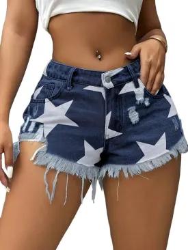 Womens Star Print Denim Shorts Fringe Ripped Cut Off Jean Shorts for Casual Summer Fashion