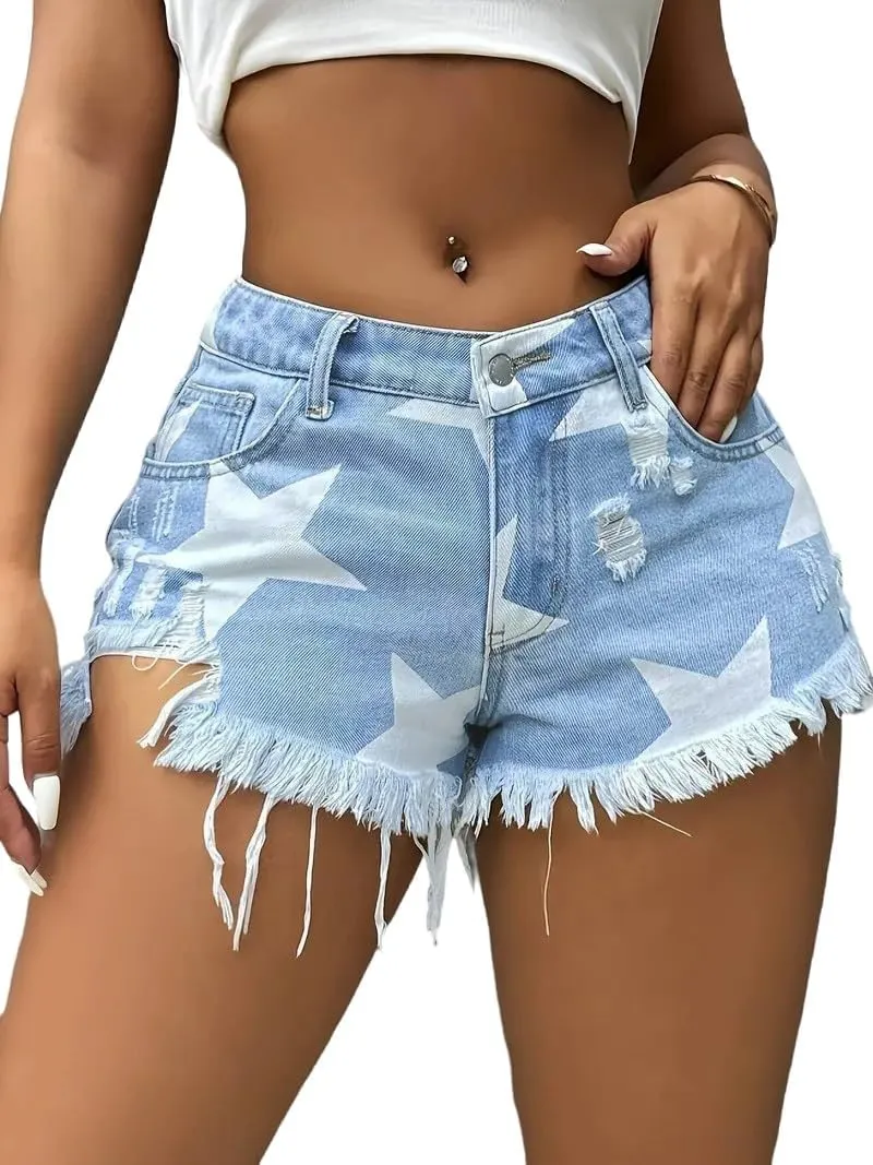 Womens Star Print Denim Shorts Fringe Ripped Cut Off Jean Shorts for Casual Summer Fashion
