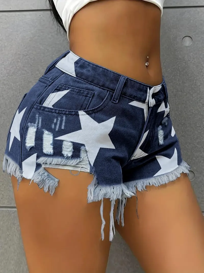 Womens Star Print Denim Shorts Fringe Ripped Cut Off Jean Shorts for Casual Summer Fashion