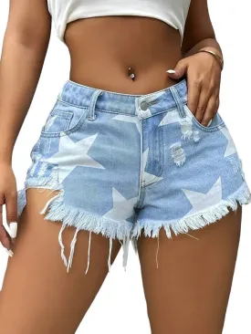 Womens Star Print Denim Shorts Fringe Ripped Cut Off Jean Shorts for Casual Summer Fashion